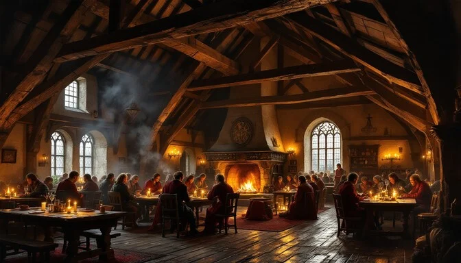 A warm tavern interior with dice, tankards, and a crackling hearth