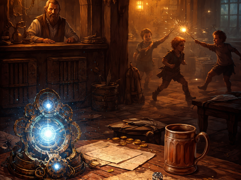 A dim tavern back room with scattered letters, a glowing arcane device, a marked-up map, and children causing chaos in the background