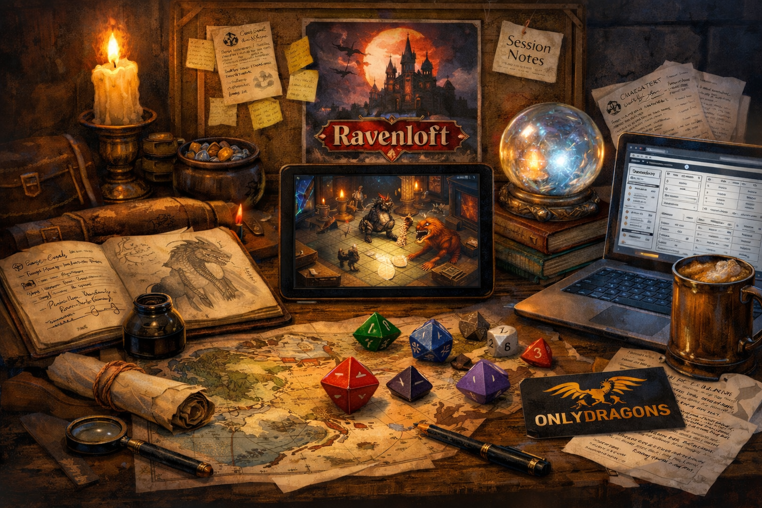 A cluttered tabletop covered in maps, dice, dragon sketches, glowing screens, and scattered campaign notes