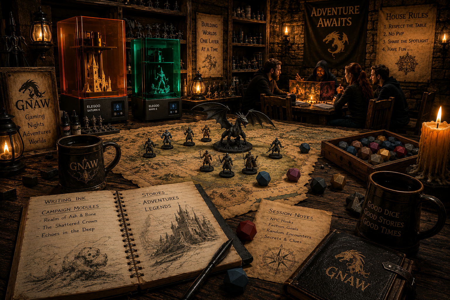 A warm workshop filled with maps, miniatures, glowing printers, dice, and adventurers gathering around a gaming table